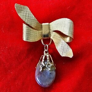 Vintage Gold-tone Bow Brooch Pin with Dangling Stone